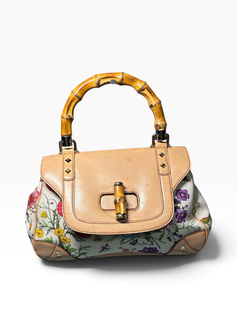 Gucci Flora Canvas Bamboo Top Handle Flap Satchel Bag Beige 137351 Rare